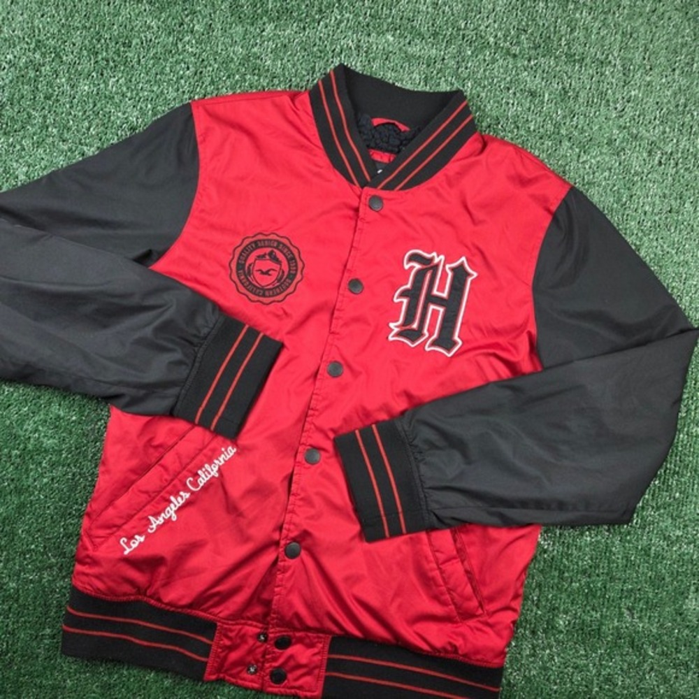 Hollister Red Black Varsity Bomber Jacket Sherpa Lined California Mens Small